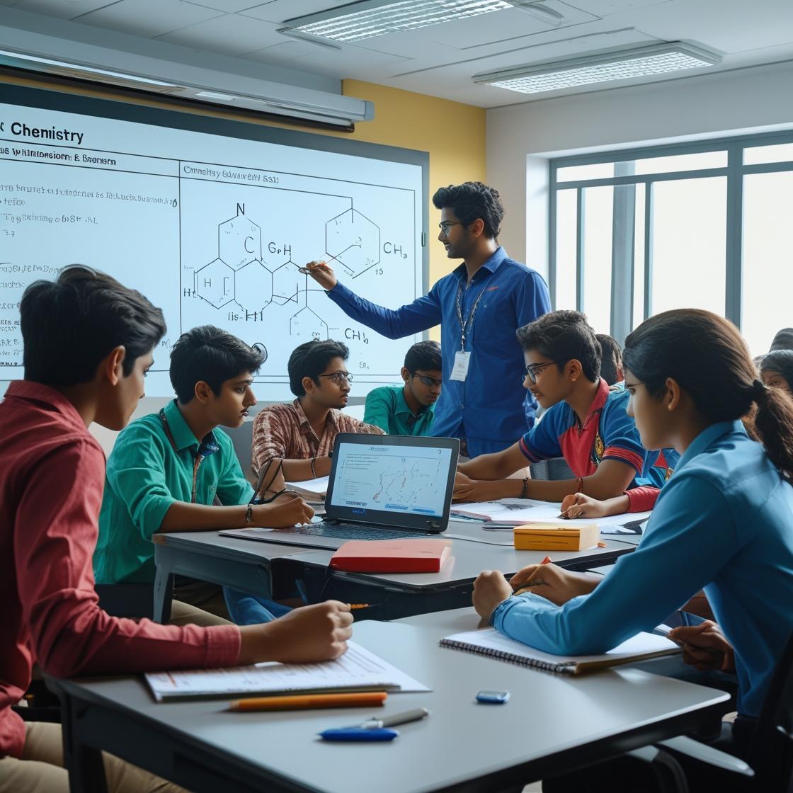 IIT-JEE/NEET Foundation Coaching at Home – A school student learning science concepts with a personal tutor; books, models, and diagrams visible, focused on building strong fundamentals