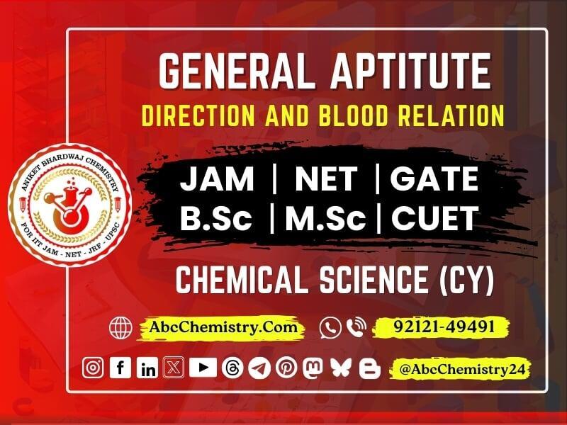 "Promotional banner for Aniket Bhardwaj Chemistry featuring 'General Aptitude - Direction and Blood Relation' for competitive exams including JAM, NET, GATE, B.Sc, M.Sc, and CUET under the subject Chemical Science (CY). The design has a red and black color scheme with bold white and yellow text. Contact details such as the website (AbcChemistry.Com), phone number (92121-49491), and social media handle (@AbcChemistry24) are displayed along with various social media icons for platforms like Instagram, LinkedIn, YouTube, Telegram, and more."