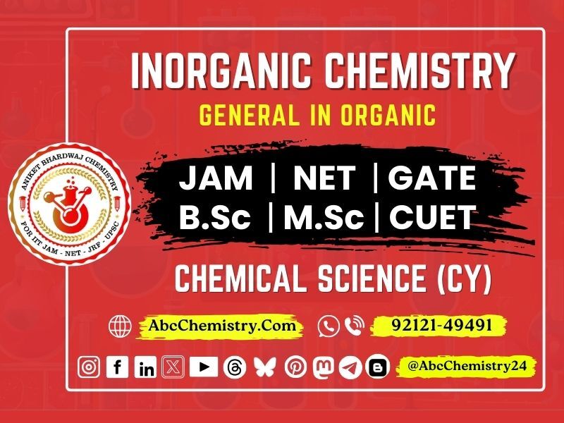 This image promotes a course on Inorganic Chemistry - General in Organic, covering JAM, NET, GATE, B.Sc, M.Sc, and CUET under Chemical Science (CY). It is associated with Aniket Bhardwaj Chemistry and provides the following details:  Website: AbcChemistry.com  Contact Number: 92121-49491  Social Media Handle: @AbcChemistry24  Icons for various social media platforms