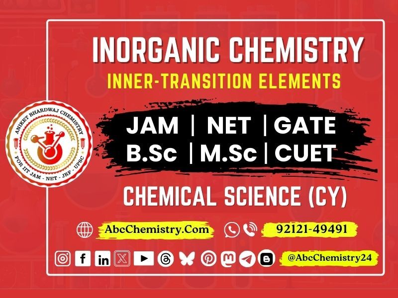 This image is a promotional banner for Inorganic Chemistry - Inner Transition Elements, specifically designed for students preparing for IIT JAM, NET, GATE, B.Sc, M.Sc, and CUET exams in Chemical Science (CY).  Key Highlights: ✅ Bold red background with high-contrast white and black text for visibility. ✅ Inner Transition Elements as the main focus of study material. ✅ Target audience: Students preparing for competitive chemistry exams. ✅ Website: AbcChemistry.com for study materials. ✅ Contact: 📞 92121-49491 for more details. ✅ Social Media Presence: Icons for Instagram, LinkedIn, Twitter, YouTube, and more, suggesting active online engagement.