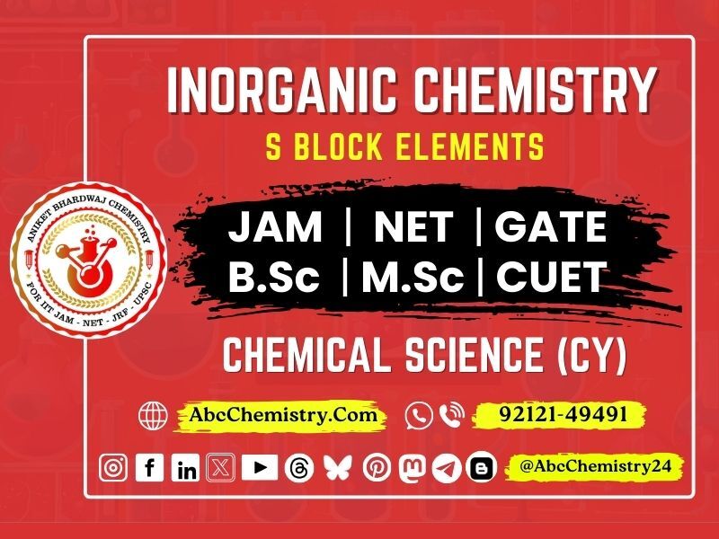 This image promotes a course on Inorganic Chemistry - S Block Elements, designed for students preparing for JAM, NET, GATE, B.Sc, M.Sc, and CUET under Chemical Science (CY).  Key Highlights: Website: AbcChemistry.com  Contact: 92121-49491  Social Media: @AbcChemistry24  Multiple social media platforms listed for engagement