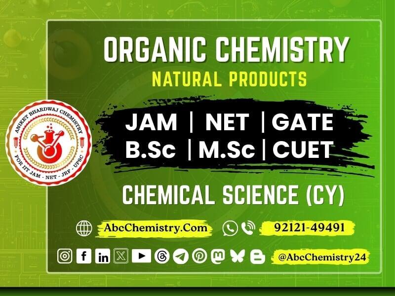 The image appears to be an advertisement for **Organic Chemistry - Natural Products** courses related to **JAM, NET, GATE, B.Sc, M.Sc, and CUET** under **Chemical Science (CY)**. It includes a logo for *Aniket Bhardwaj Chemistry* and provides a website (**AbcChemistry.com**) along with a contact number (**92121-49491**) and social media handle (**@AbcChemistry24**).  Would you like me to extract more details or help with anything specific related to this?