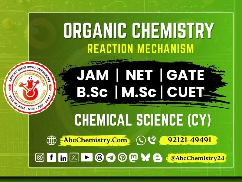 The image is a promotional banner for an organic chemistry study package focused on **Reaction Mechanism**. It highlights preparation for competitive exams such as **IIT JAM, CSIR NET, GATE, B.Sc, M.Sc, and CUET** under **Chemical Science (CY)**. The banner includes the website **AbcChemistry.com**, a contact number **92121-49491**, and social media handles **@AbcChemistry24**. The design features a green background with bold white and yellow text, along with icons for various social media platforms.