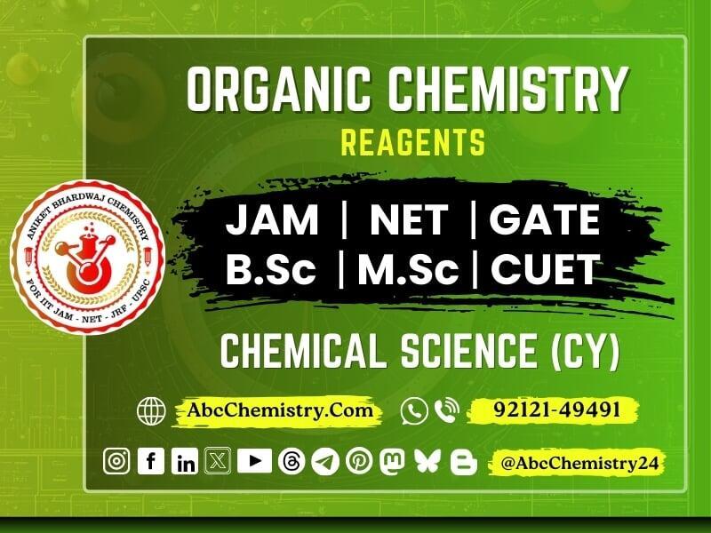 Promotional banner for Organic Chemistry Reagents study package featuring JAM, NET, GATE, B.Sc, M.Sc, and CUET exam preparation in Chemical Science (CY). Includes contact details and social media links for AbcChemistry.com.