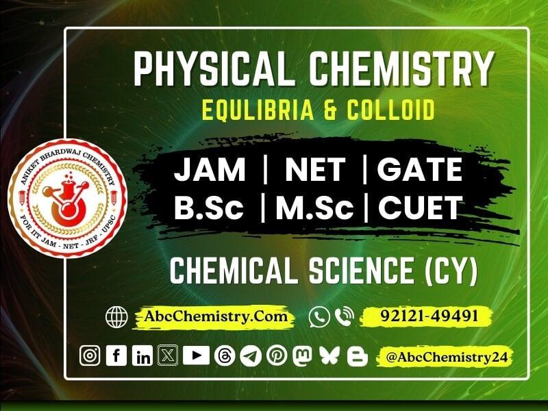 The image is a promotional banner for "Physical Chemistry - Equilibria & Colloid" study material, specifically designed for JAM, NET, GATE, B.Sc, M.Sc, and CUET under Chemical Science (CY).  It features Aniket Bhardwaj Chemistry, indicating expertise in IIT JAM, NET, JRF, and UPSC preparation. The banner includes a contact number (92121-49491), a website link (AbcChemistry.com), and social media icons for various platforms, suggesting broad accessibility.